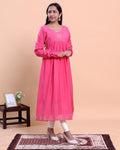 Women's Embroidered Empire Waist Long Kurta with Gathered Flared Hem and Full Sleeves - Pink