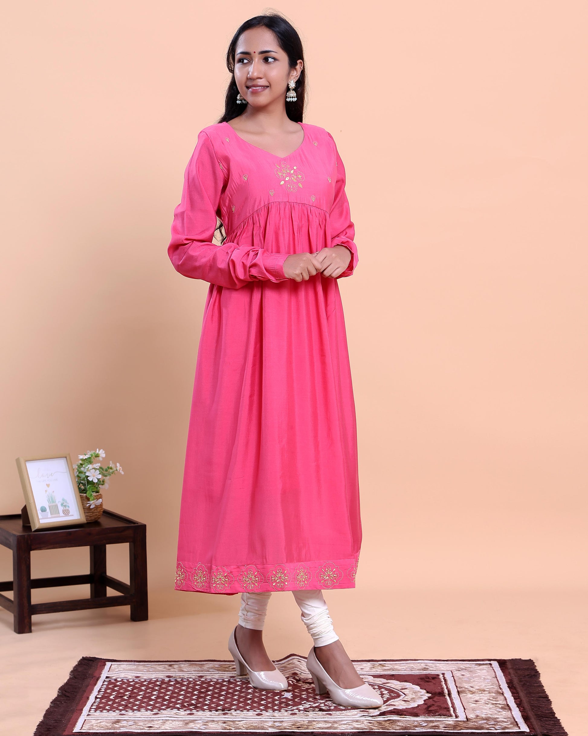 Women's Embroidered Empire Waist Long Kurta with Gathered Flared Hem and Full Sleeves - Pink