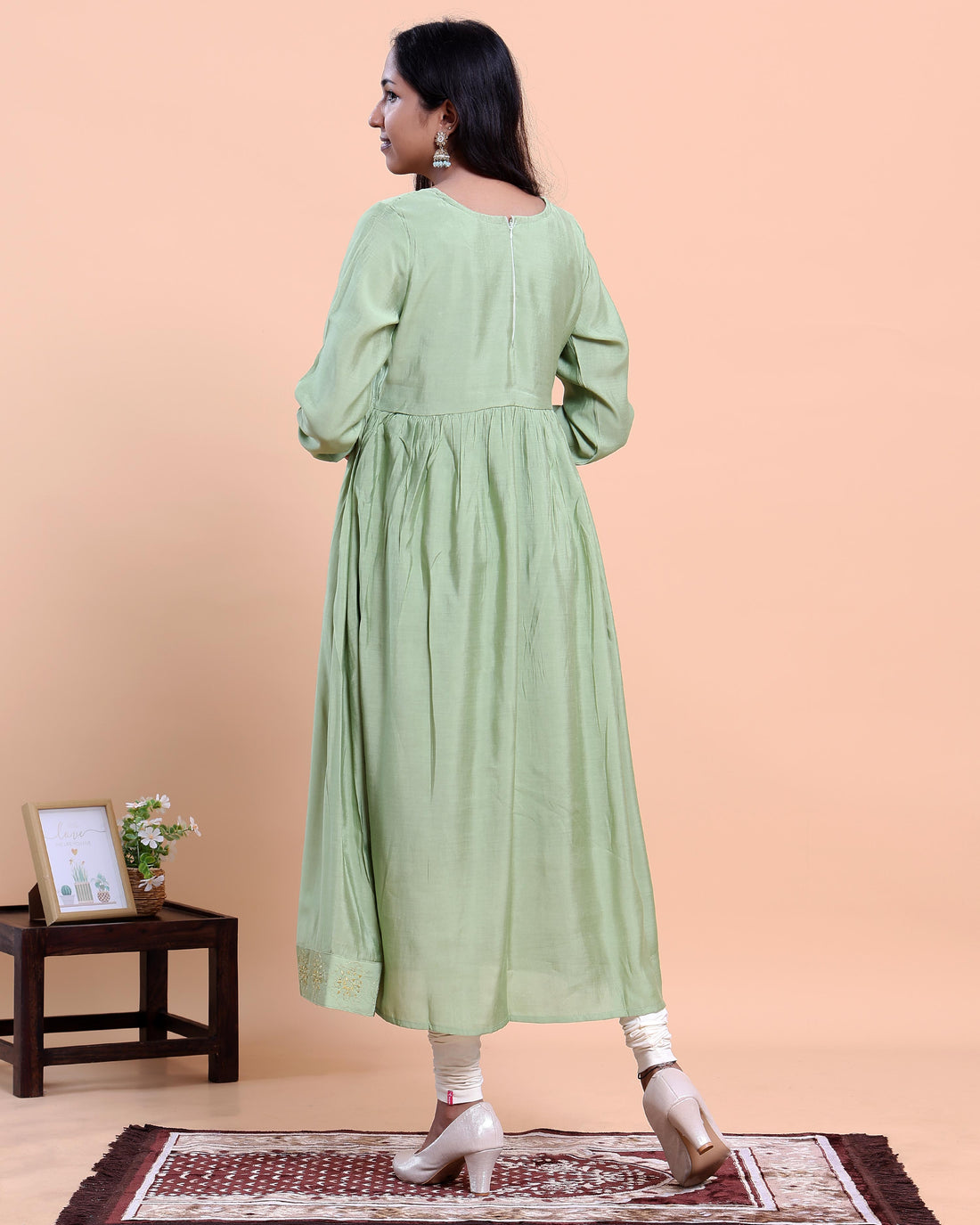 Women's Embroidered Empire Waist Long Kurta with Gathered Flared Hem and Full Sleeves - Green