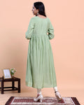 Women's Embroidered Empire Waist Long Kurta with Gathered Flared Hem and Full Sleeves - Green