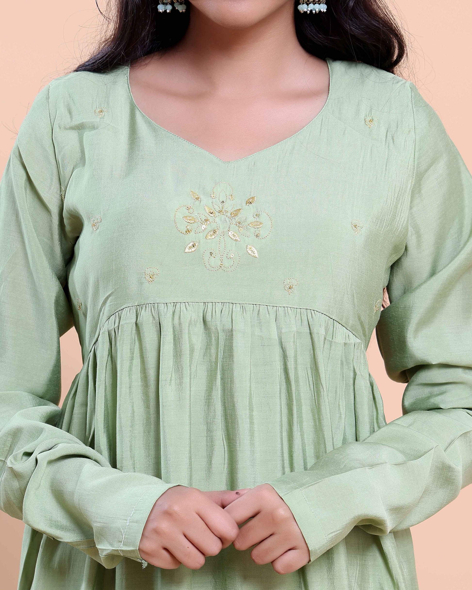 Women's Embroidered Empire Waist Long Kurta with Gathered Flared Hem and Full Sleeves - Green