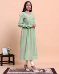 Women's Embroidered Empire Waist Long Kurta with Gathered Flared Hem and Full Sleeves - Green