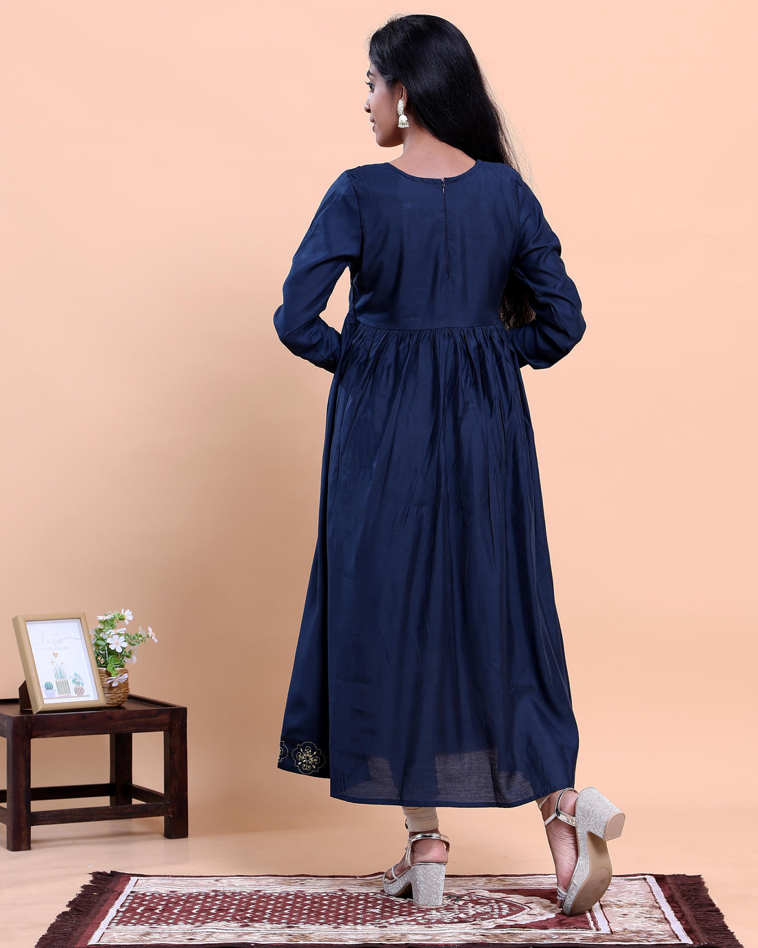 Women's Embroidered Empire Waist Long Kurta with Gathered Flared Hem and Full Sleeves - Navy Blue