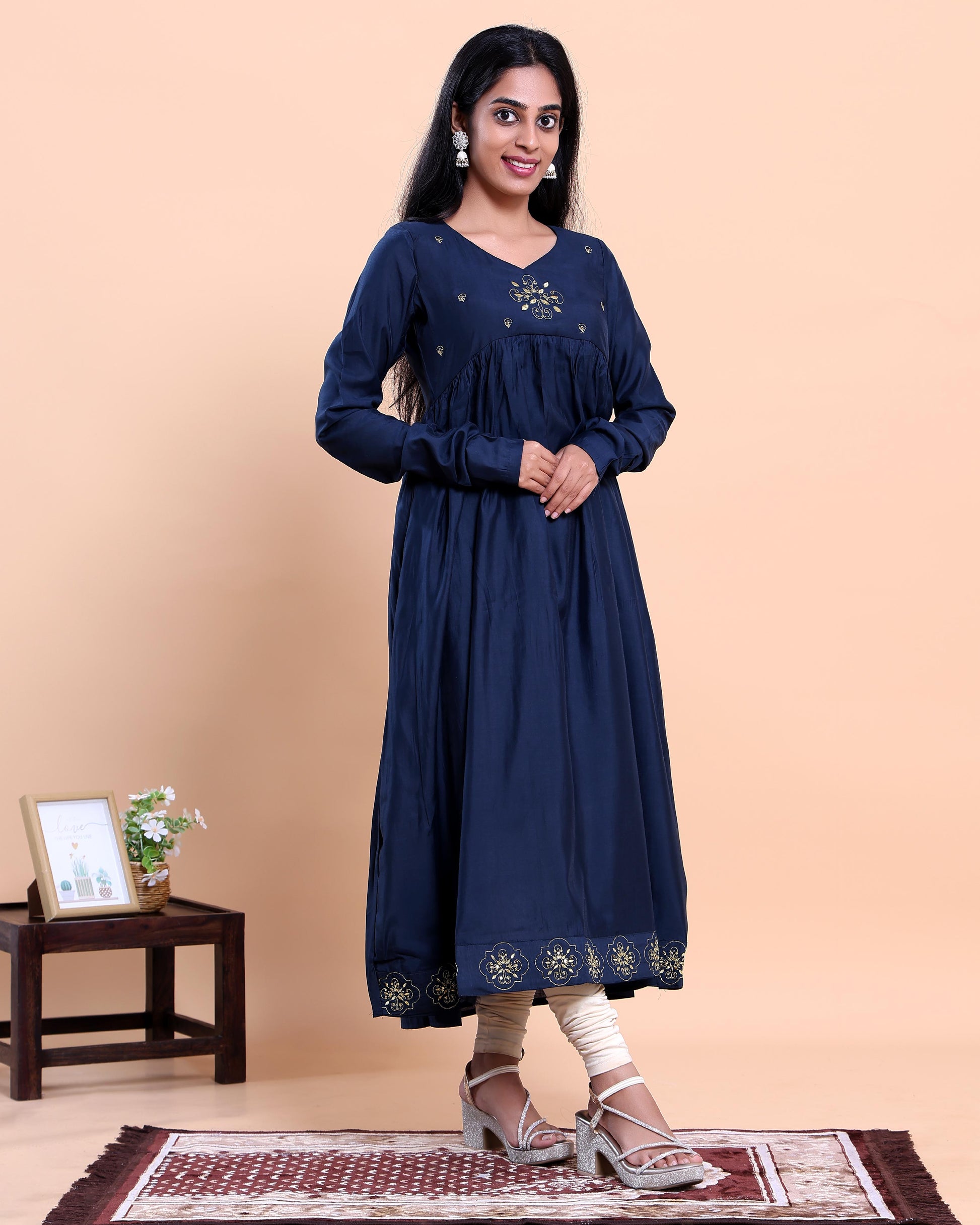 Women's Embroidered Empire Waist Long Kurta with Gathered Flared Hem and Full Sleeves - Navy Blue
