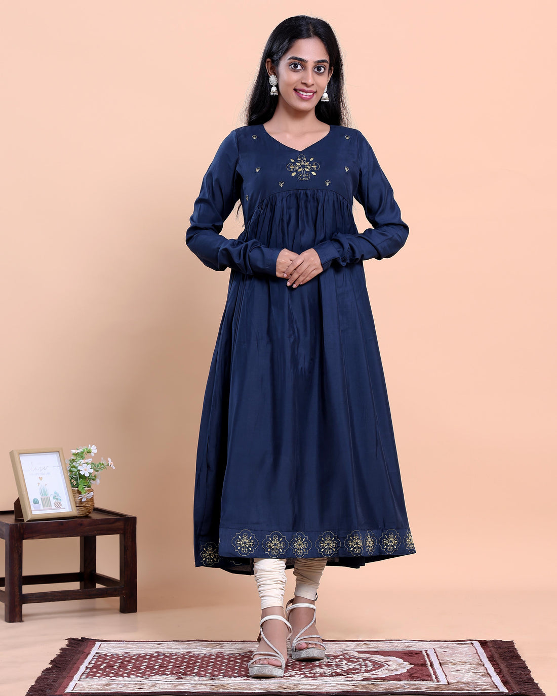 Women's Embroidered Empire Waist Long Kurta with Gathered Flared Hem and Full Sleeves - Navy Blue