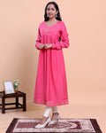 Women's Embroidered Empire Waist Long Kurta with Gathered Flared Hem and Full Sleeves - Pink