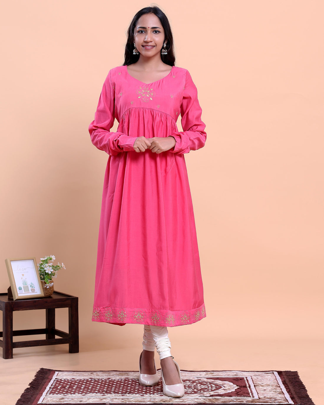 Women's Embroidered Empire Waist Long Kurta with Gathered Flared Hem and Full Sleeves - Pink