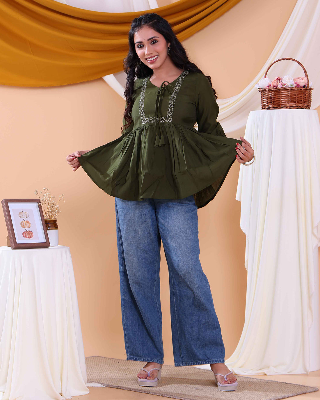 Women's Embroidered Round Neck Short Kurta Tunic with Gathered Waist - Green