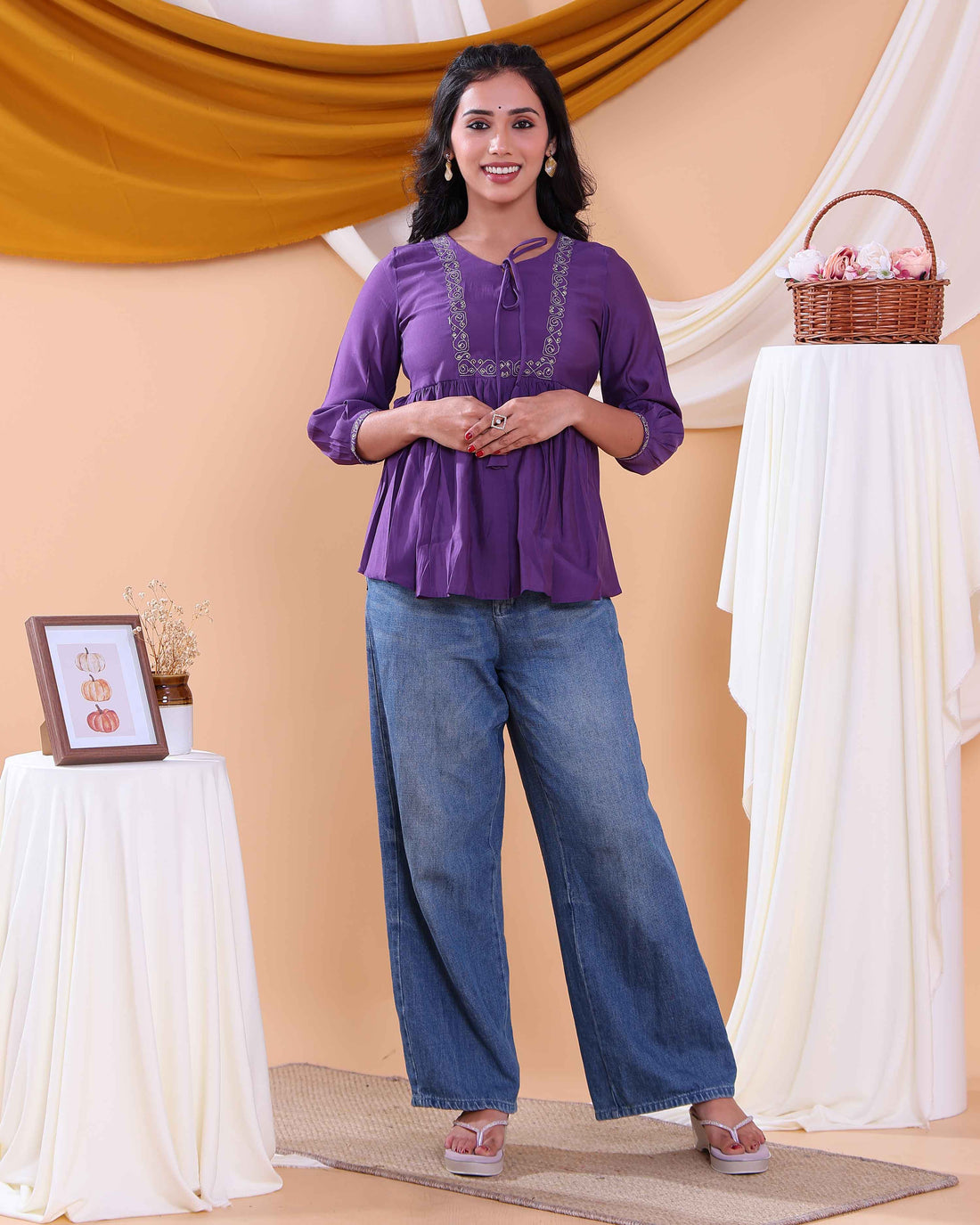 Women's Embroidered Round Neck Short Kurta Tunic with Gathered Waist - Purple