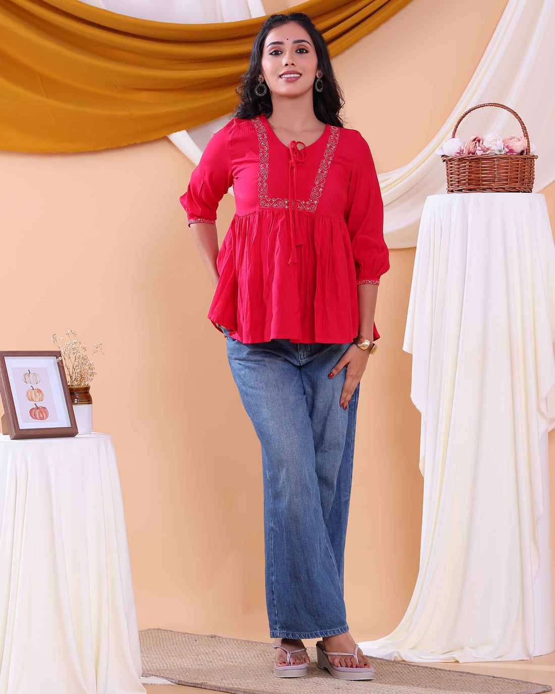 Women's Embroidered Round Neck Short Kurta Tunic with Gathered Waist - Red