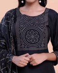 Women's Embroidered Straight Kurta with Matching Pant and Dupatta - Black