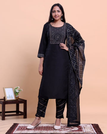 Women's Embroidered Straight Kurta with Matching Pant and Dupatta - Black