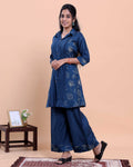 Women's Floral Embroidered Shirt-Collar Kurta with Wide-Leg Pants - Navy Blue