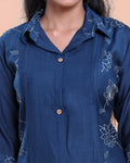 Women's Floral Embroidered Shirt-Collar Kurta with Wide-Leg Pants - Navy Blue