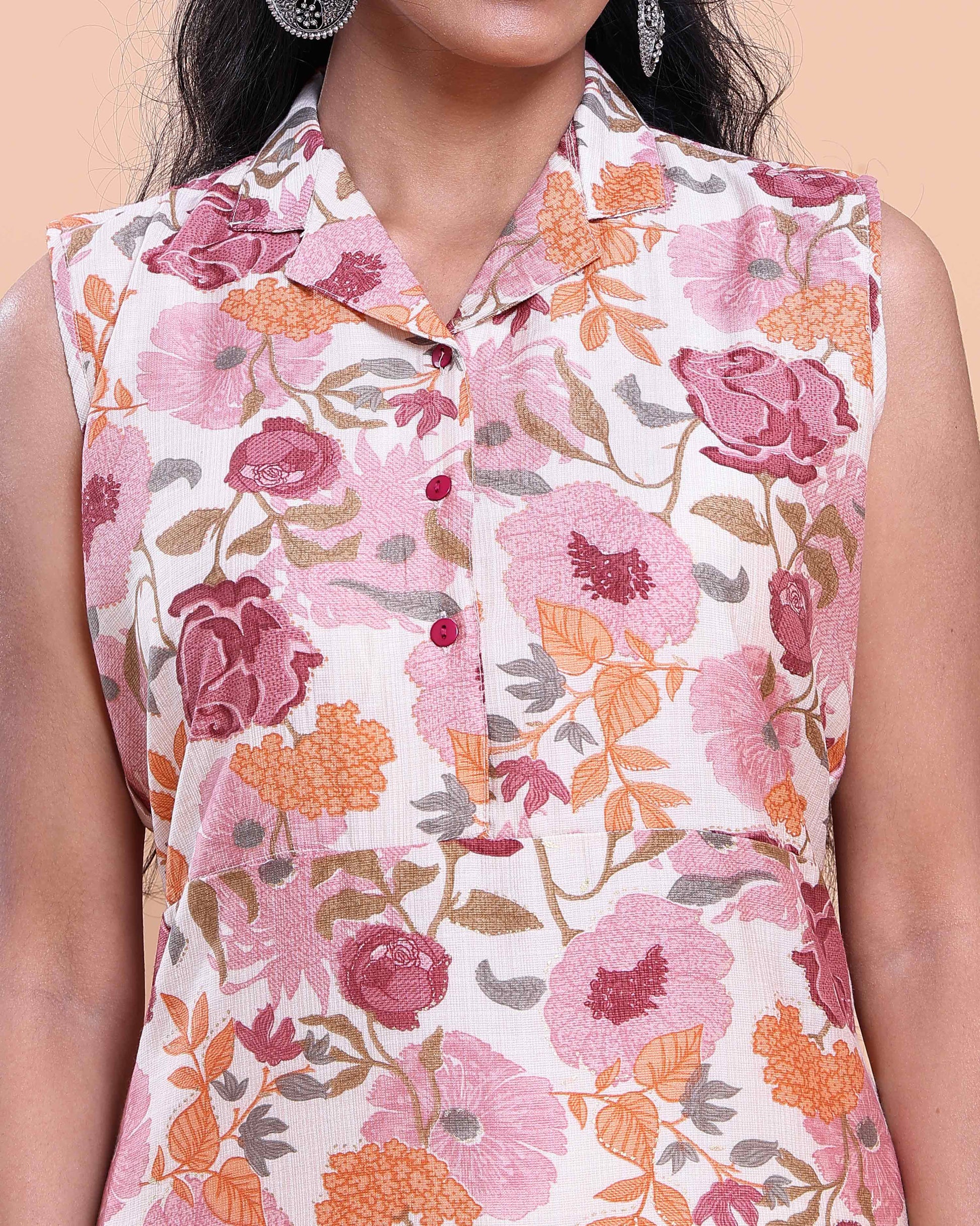 Women's Floral Print Sleeveless Collared Straight Kurta - Off White
