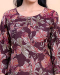Women's Floral Print Straight Kurta with 3/4 Sleeves - Purple