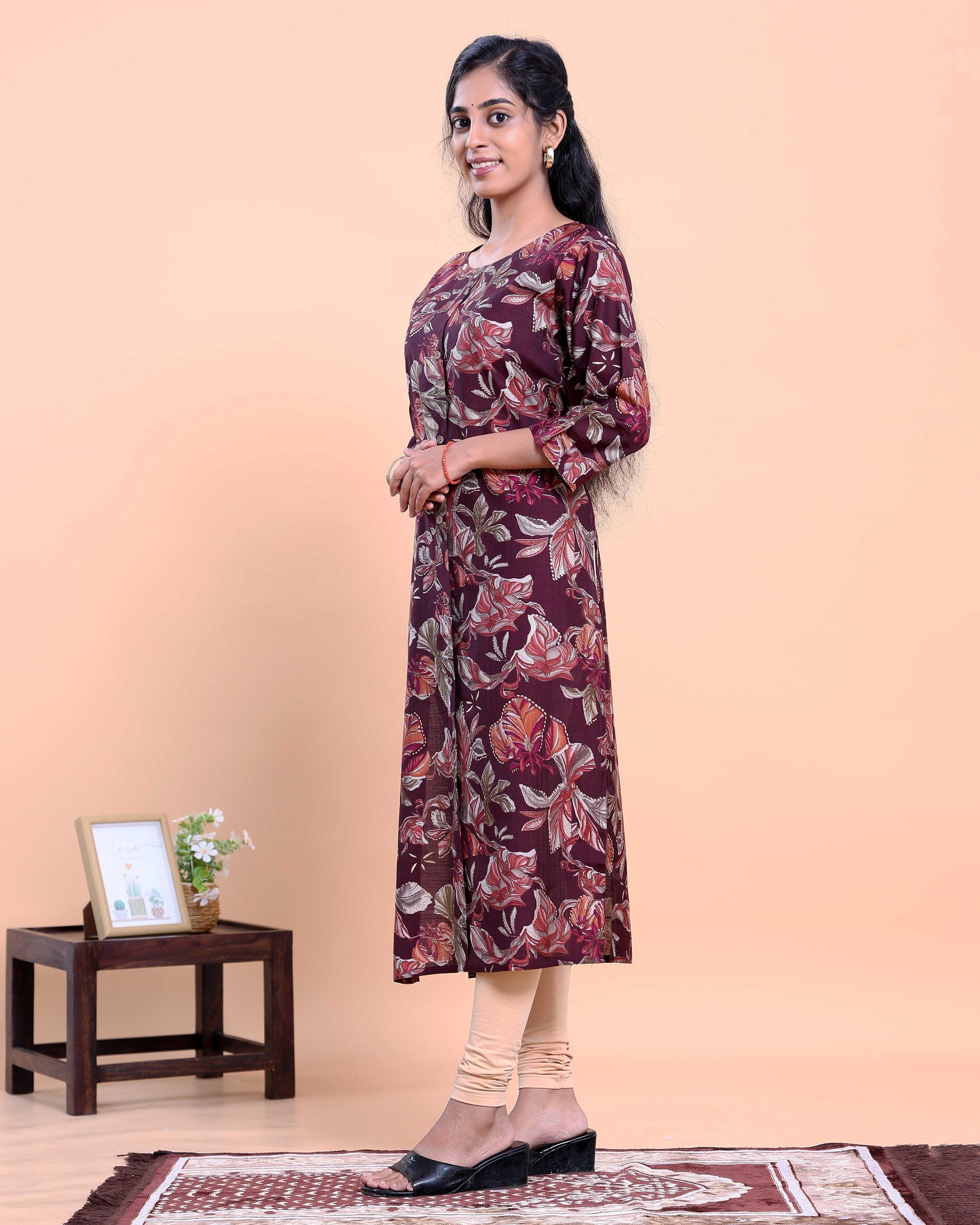 Women's Floral Print Straight Kurta with 3/4 Sleeves - Purple