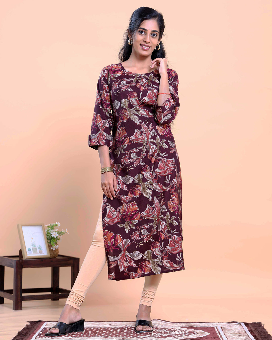 Women's Floral Print Straight Kurta with 3/4 Sleeves - Purple