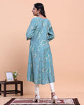 Women's Floral Printed A-Line Kurta with 3/4 Sleeves and Round Neck - Blue