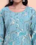 Women's Floral Printed A-Line Kurta with 3/4 Sleeves and Round Neck - Blue