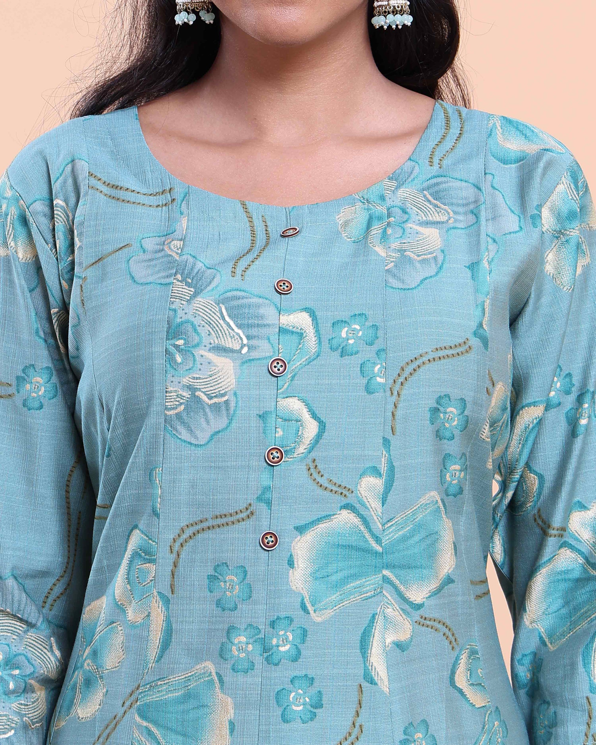 Women's Floral Printed A-Line Kurta with 3/4 Sleeves and Round Neck - Blue