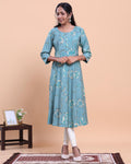 Women's Floral Printed A-Line Kurta with 3/4 Sleeves and Round Neck - Blue