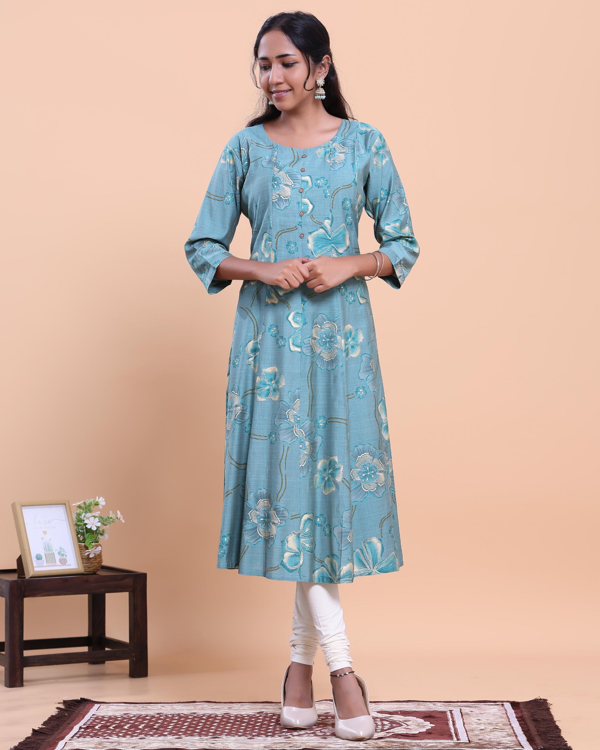 Women's Floral Printed A-Line Kurta with 3/4 Sleeves and Round Neck - Blue