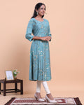 Women's Floral Printed A-Line Kurta with 3/4 Sleeves and Round Neck - Blue