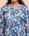 Women's Floral Printed A-Line Kurta with 3/4th Sleeves - Blue