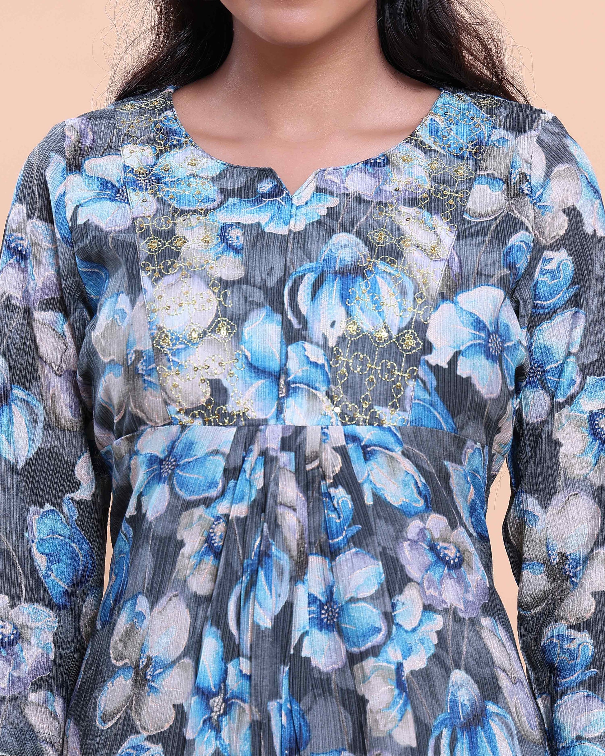 Women's Floral Printed A-Line Kurta with 3/4th Sleeves - Blue