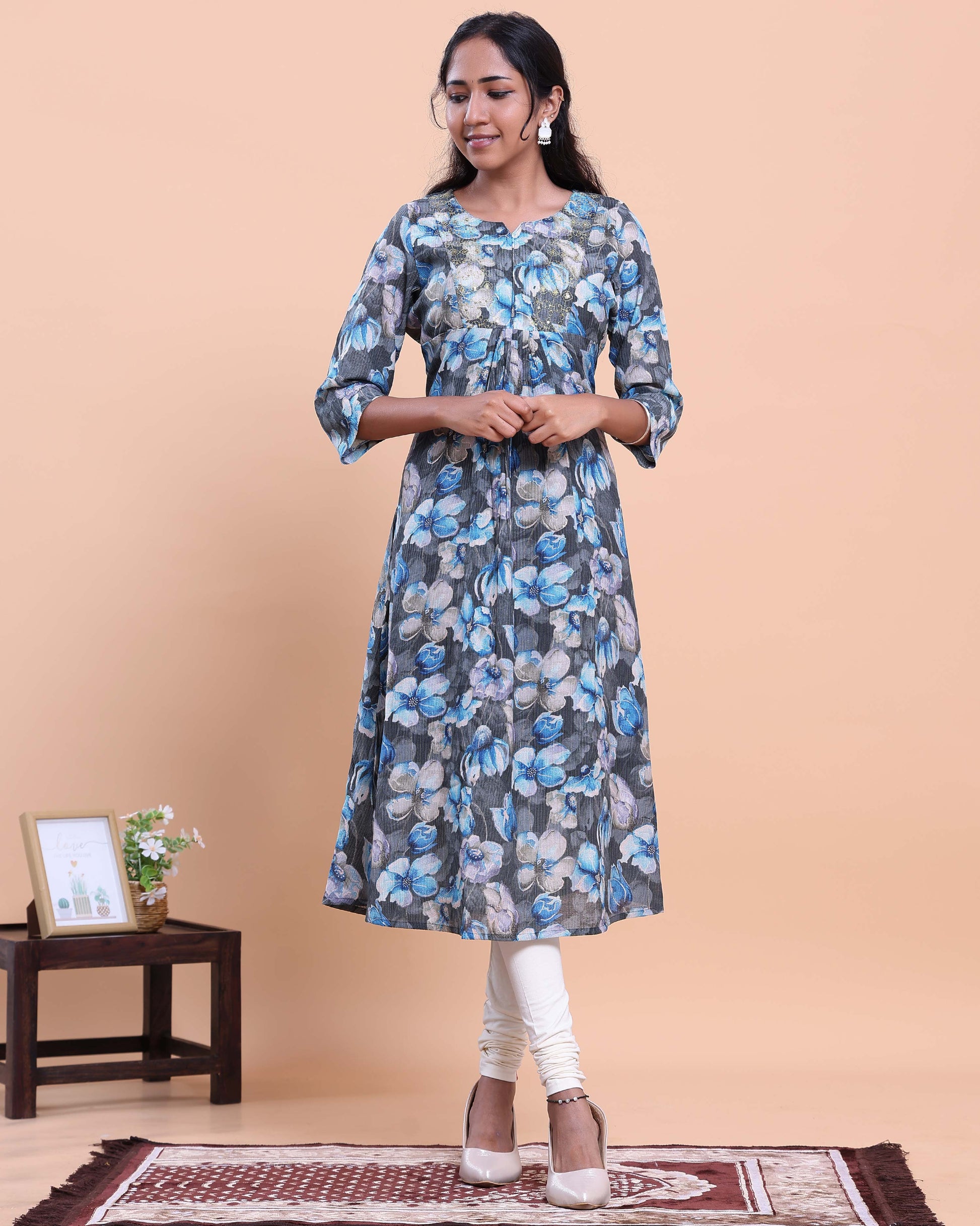 Women's Floral Printed A-Line Kurta with 3/4th Sleeves - Blue