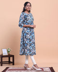 Women's Floral Printed A-Line Kurta with 3/4th Sleeves - Blue