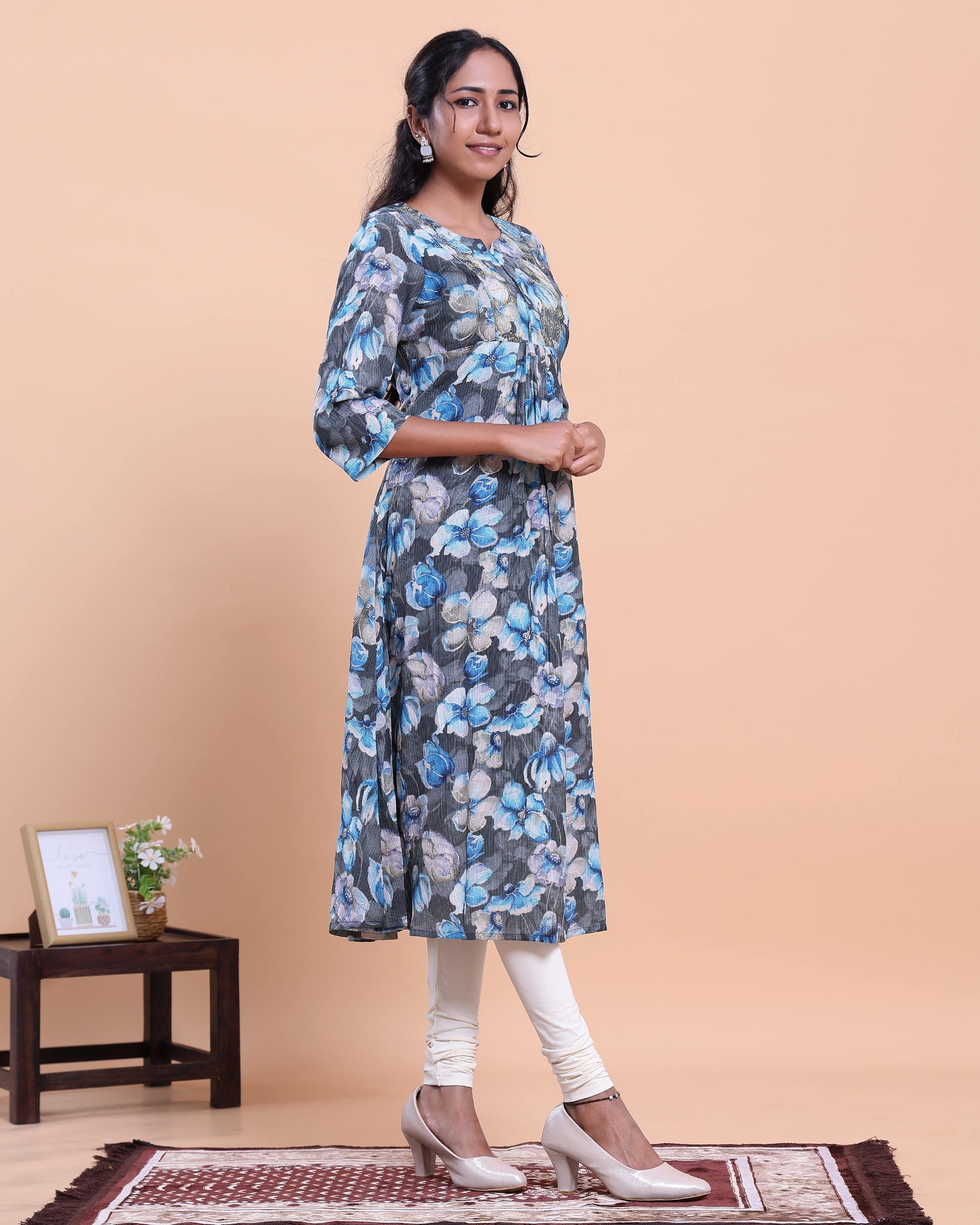 Women's Floral Printed A-Line Kurta with 3/4th Sleeves - Blue