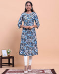 Women's Floral Printed A-Line Kurta with 3/4th Sleeves - Blue
