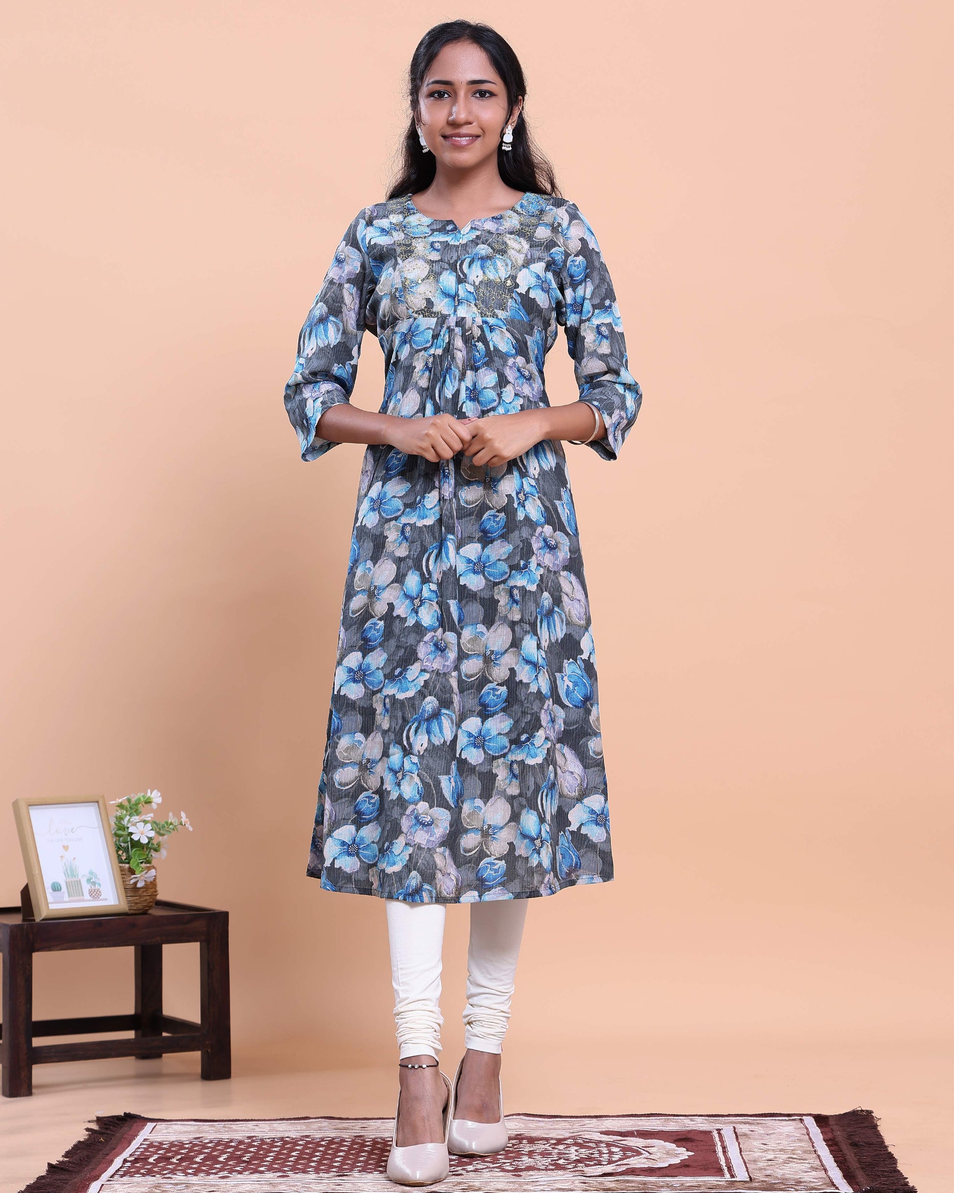 Women's Floral Printed A-Line Kurta with 3/4th Sleeves - Blue