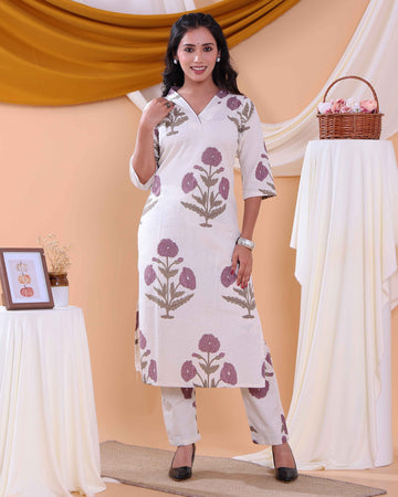 Women’s Floral Printed Kurta Set with Elegant Stitch Detailing - Off White