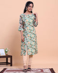 Women's Floral Printed Kurta with Front Slit and Round Neckline - Green