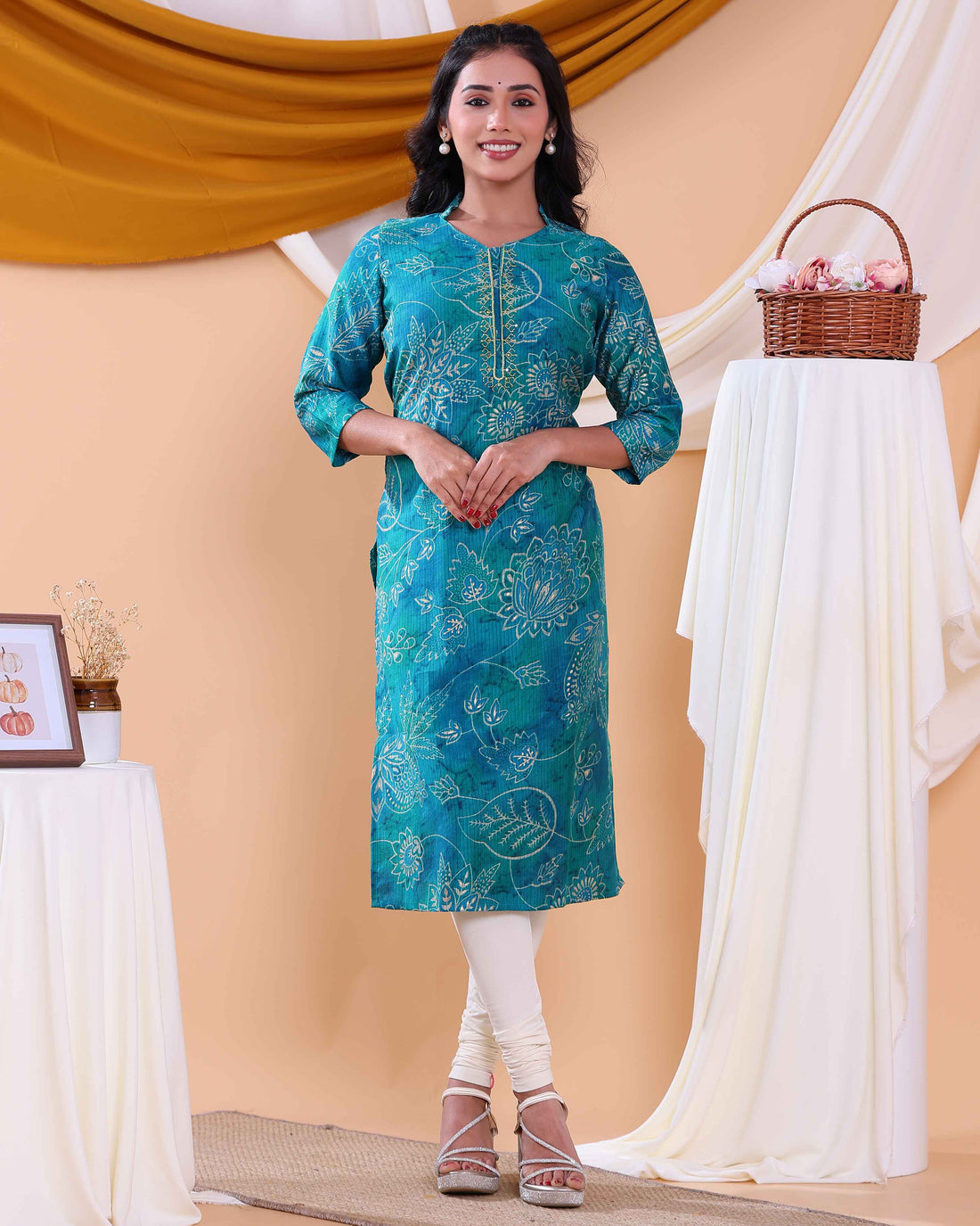 Women's Floral Printed Straight Kurta with 3/4th  Sleeves - Blue
