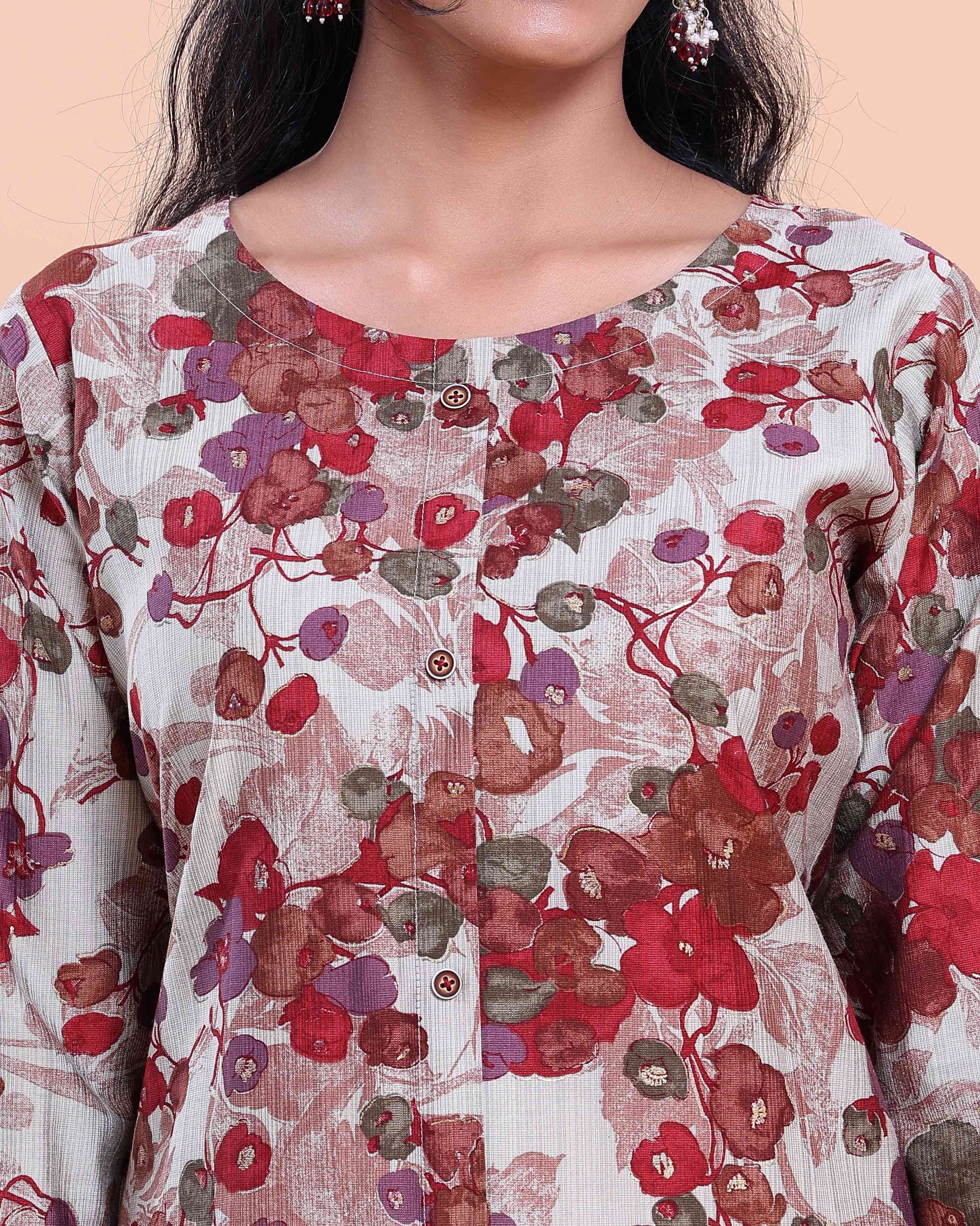 Women's Floral Printed Straight Kurta with 3/4th Sleeves - Off White