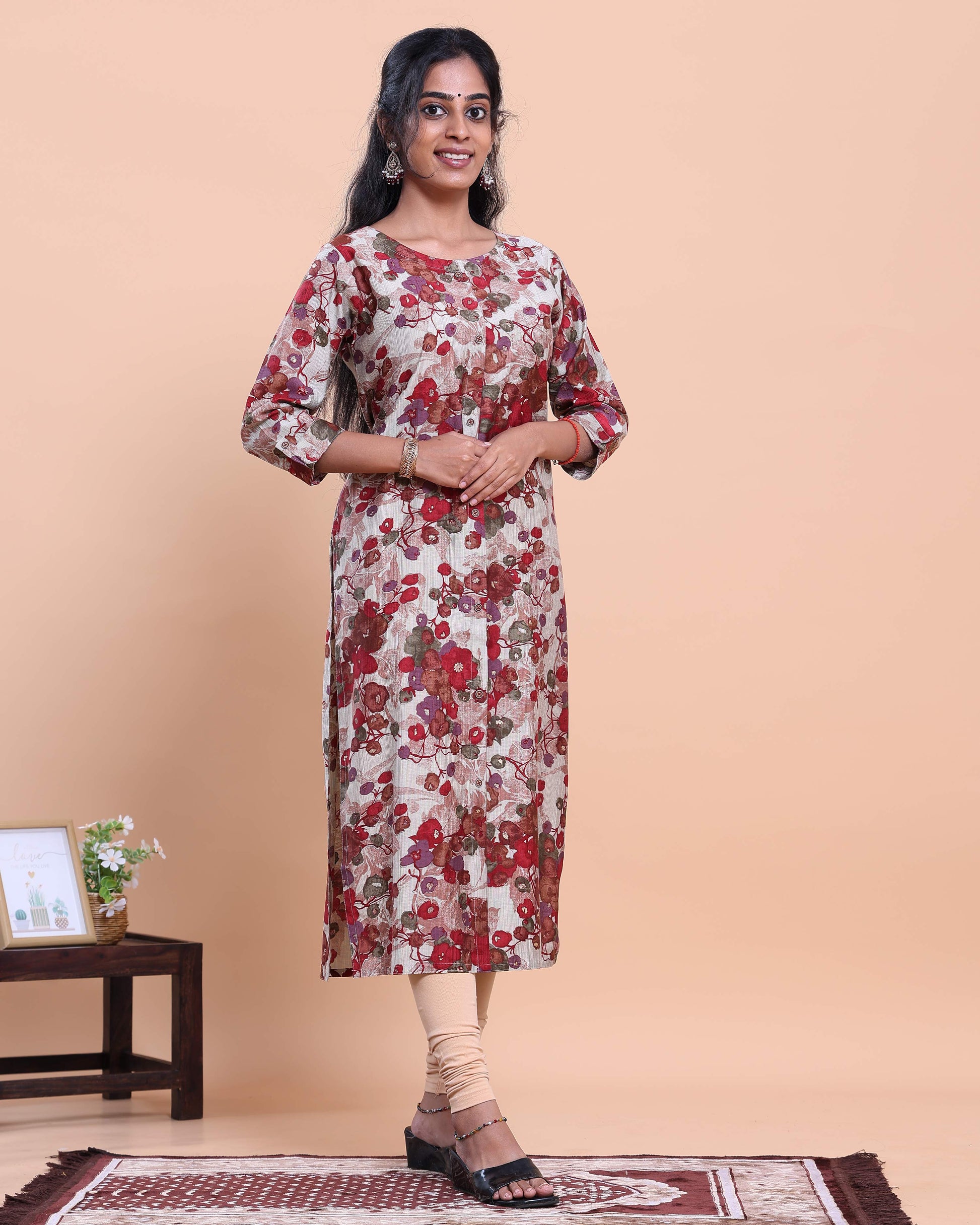 Women's Floral Printed Straight Kurta with 3/4th Sleeves - Off White