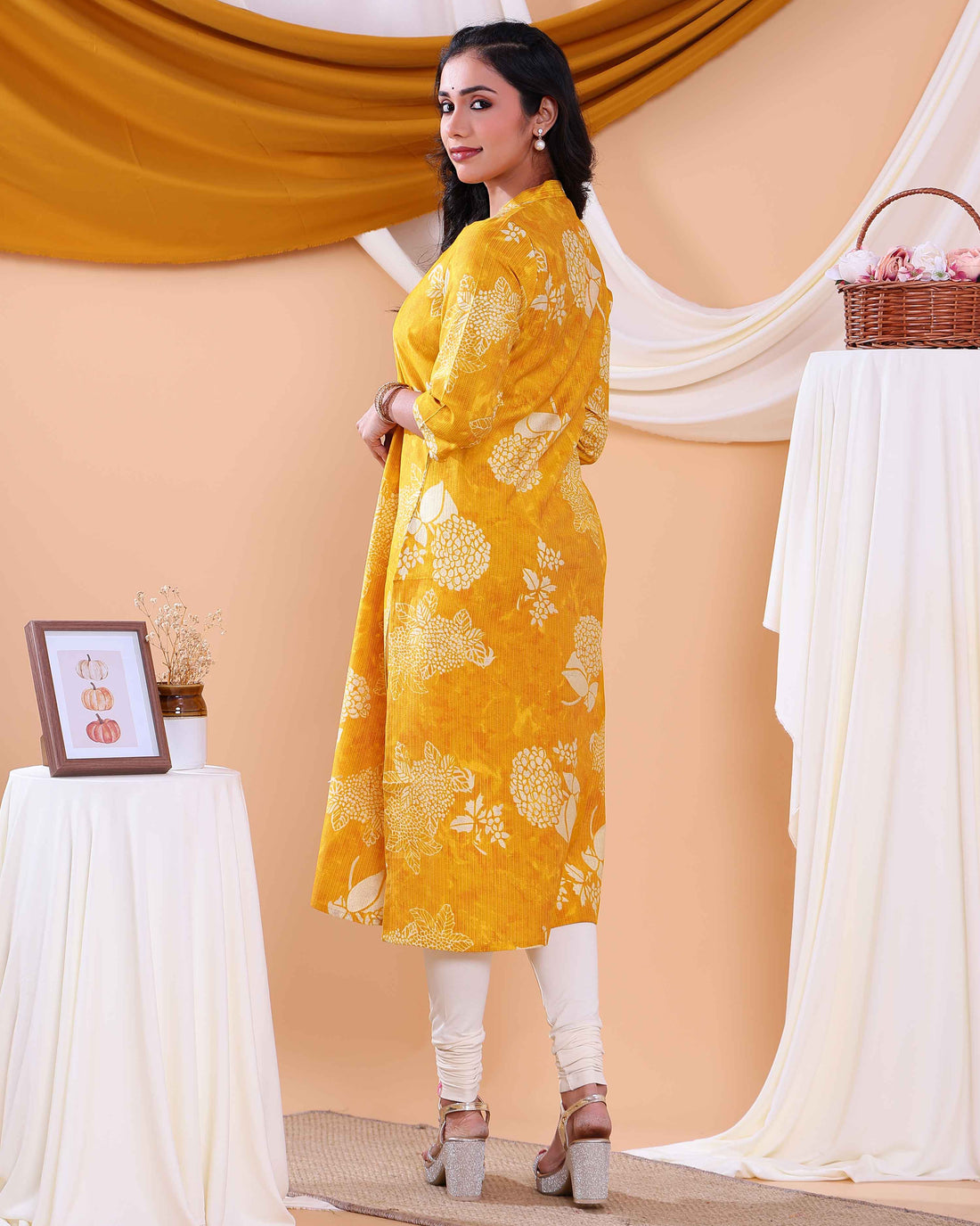 Women's Floral Printed Straight Kurta with 3/4th  Sleeves - Yellow
