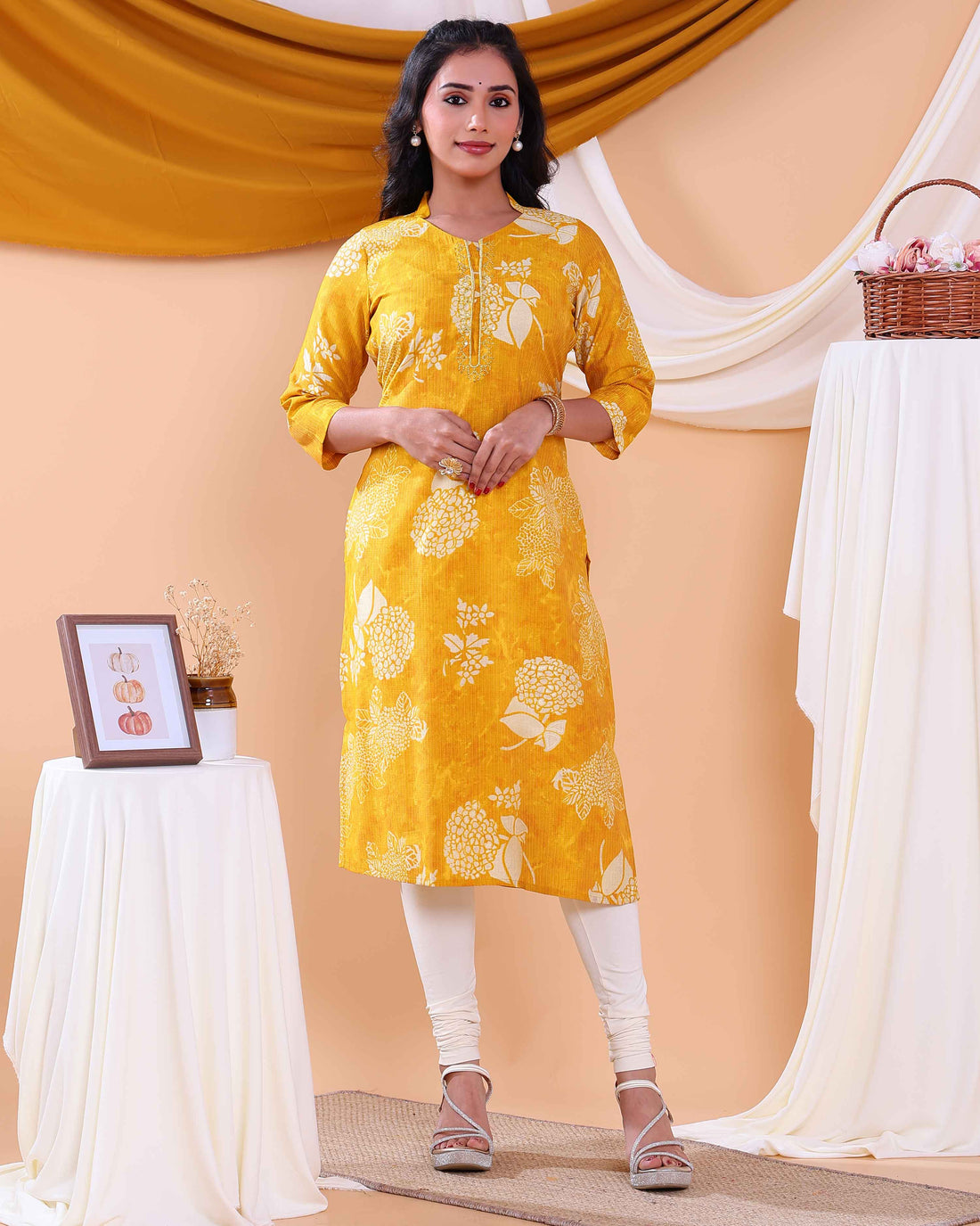 Women's Floral Printed Straight Kurta with 3/4th  Sleeves - Yellow