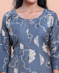 Women's Floral Printed Straight Kurta with Round Neck and 3/4th Sleeves - Blue