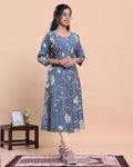 Women's Floral Printed Straight Kurta with Round Neck and 3/4th Sleeves - Blue
