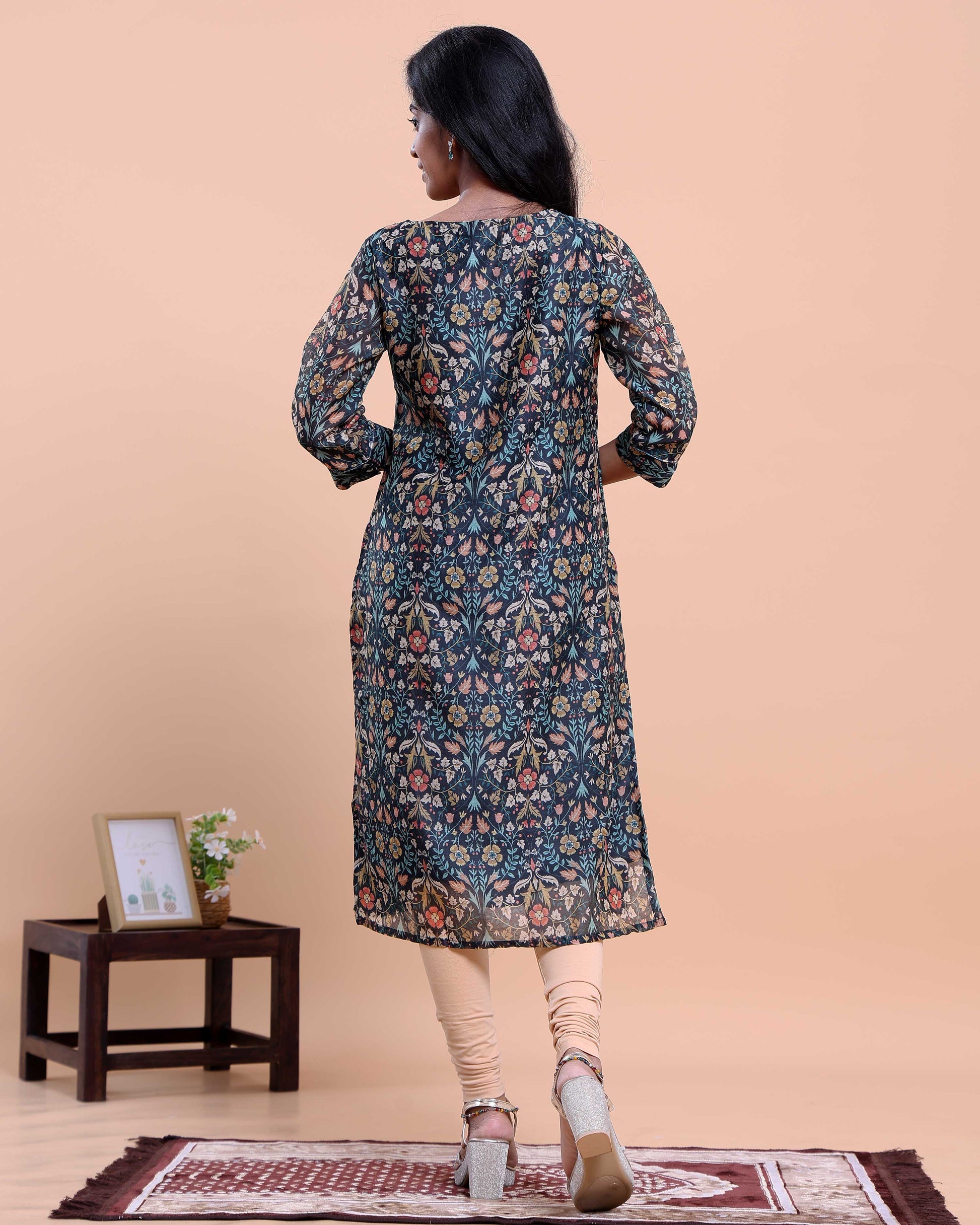 Women's Floral Printed Straight Kurta with Round Neck and 3/4th Sleeves - Navy Blue