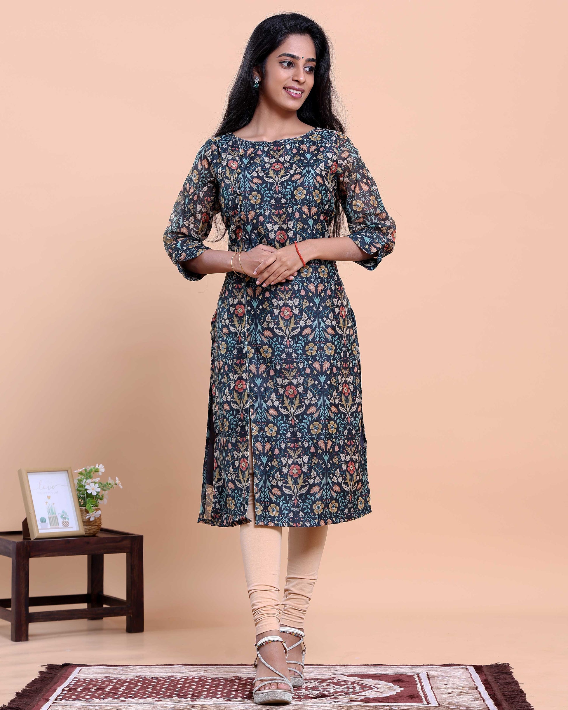 Women's Floral Printed Straight Kurta with Round Neck and 3/4th Sleeves - Navy Blue