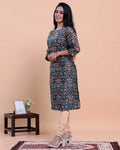 Women's Floral Printed Straight Kurta with Round Neck and 3/4th Sleeves - Navy Blue