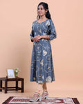 Women's Floral Printed Straight Kurta with Round Neck and 3/4th Sleeves - Blue
