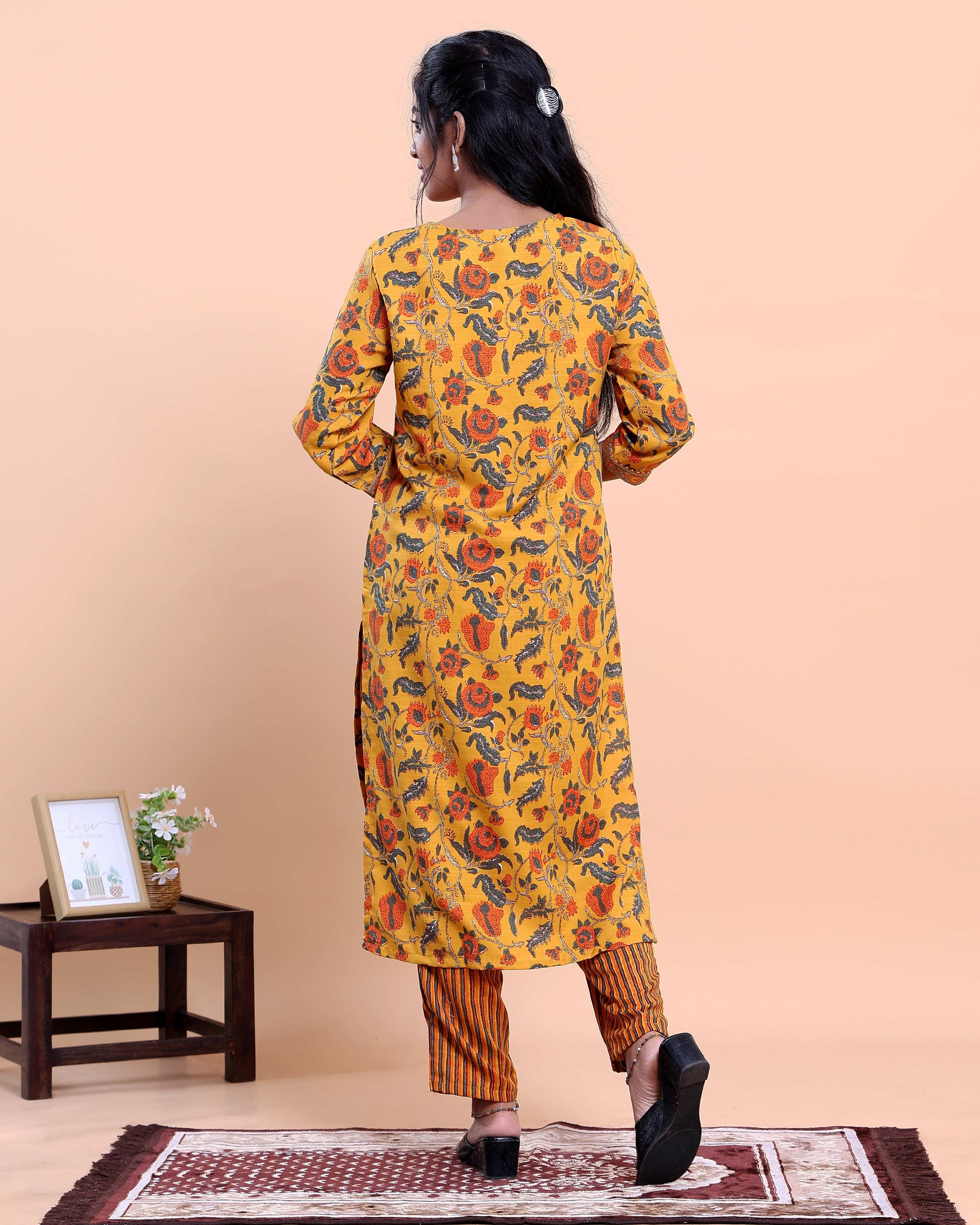 Women's Floral Printed Straight Kurta with Striped Pant and Dupatta - Yellow