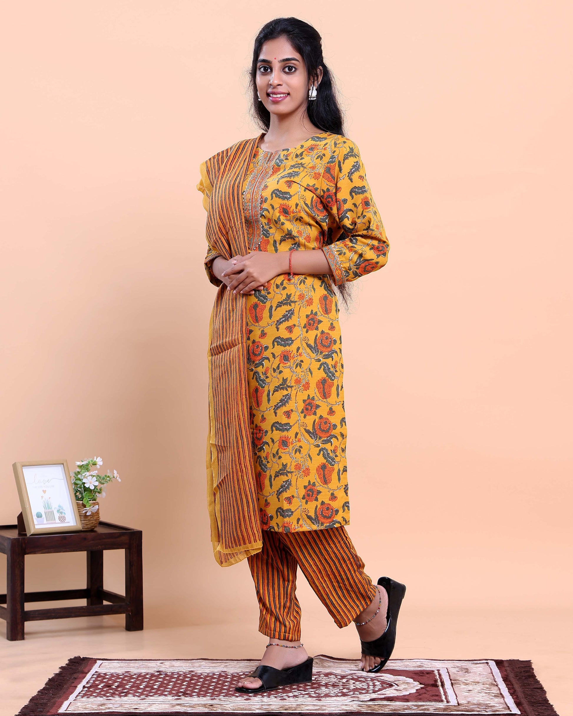 Women's Floral Printed Straight Kurta with Striped Pant and Dupatta - Yellow